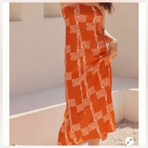 Anthropologie Strapless Red Dress with White Design